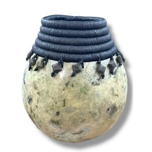 Signed Joanne Abreu Art Gourd Vessel Mixed Media Fiber Wrapped Boho Decor 5"